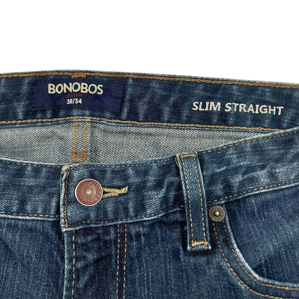 Bonobos Jeans Mens 38x32 Blue Slim Straight Durable Ringspun Denim Casual Work